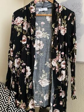 Angel Black Floral Open-Front Cardigan with Pink and Cream Roses
